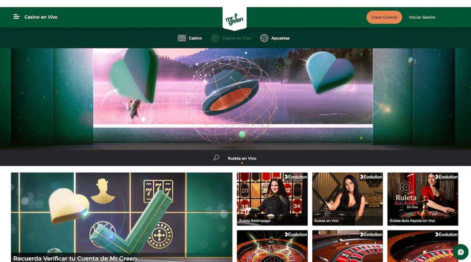 Mr Green App movil y Casino en vivo
